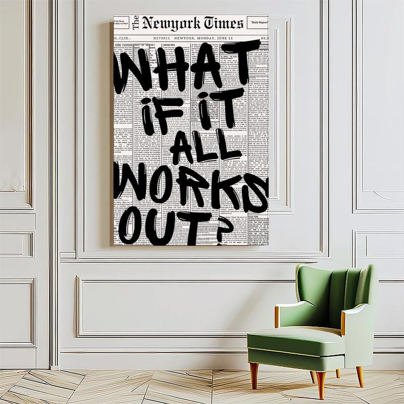 Retro Black And White Newspaper Poster What If It All Works Out Canvas Wall Art Positive Affirming Quote Minimalist Prints Painting For Home Bedroom Dorm Wall Decor
