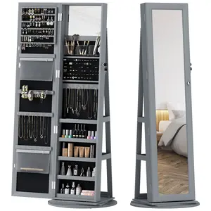 360° Swivel Lockable Jewelry Armoire with Full-Length Mirror, Storage Shelves, Gray Indoor Mirror Cabinet for Bathroom