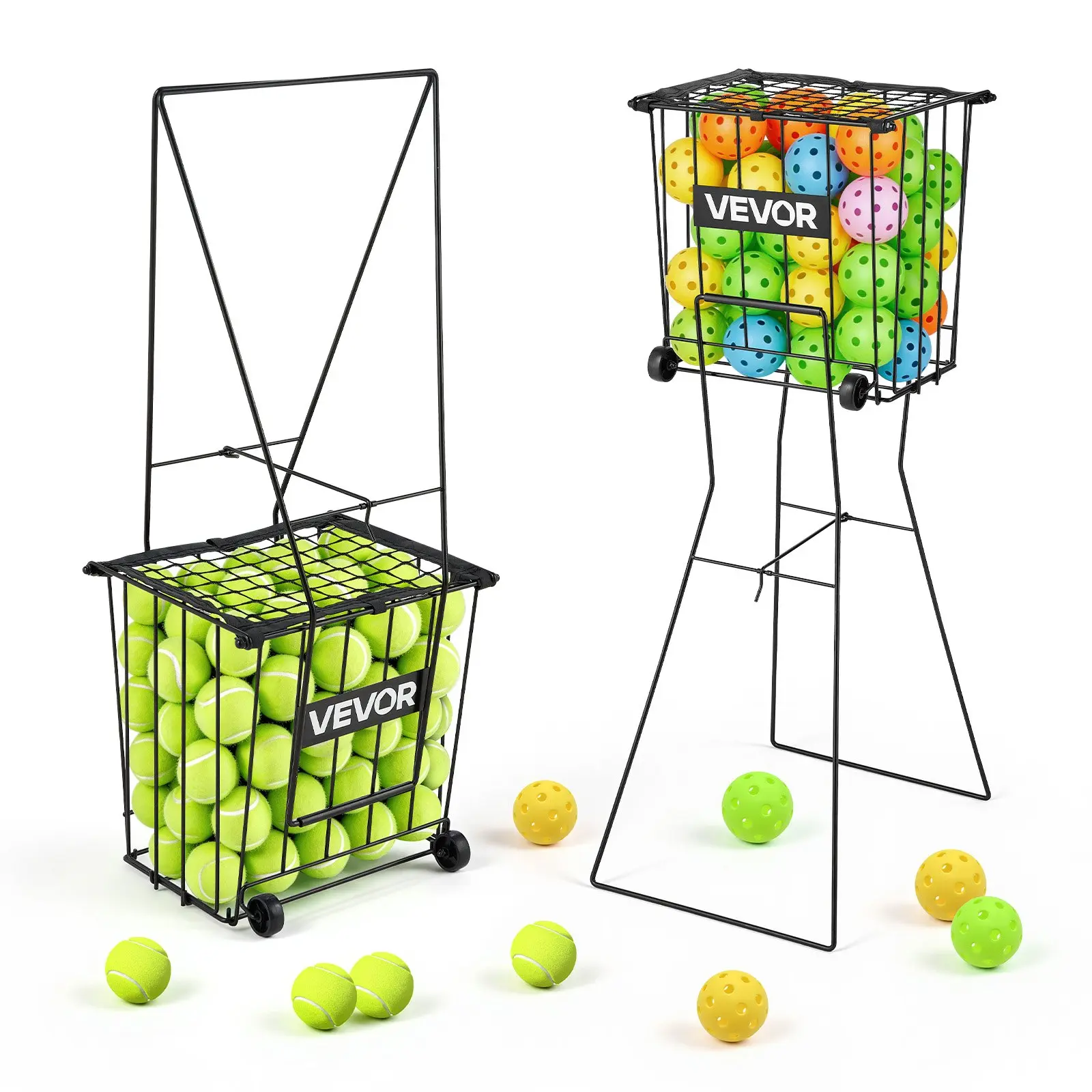 VEVOR Carbon Steel Tennis/Pickleball Hopper Cart, 75-Ball Capacity Portable Caddy with Wheels, Handle, Durable Mesh Top Protection for Training, Carrying Storage, Convertible Heavy-Duty Tool