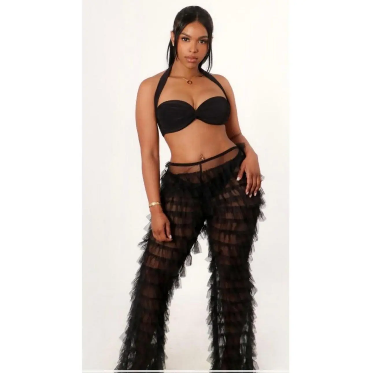 Frill Me Baby Tiered Ruffled Tulle Cover Up Pants - Soft Breathable Regular-Leg Trousers for a Fun Flirty Touch