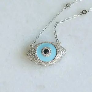 Collar con dije de Ojo Turco con turquesa y zirconias cristalinas. Plata italiana 925