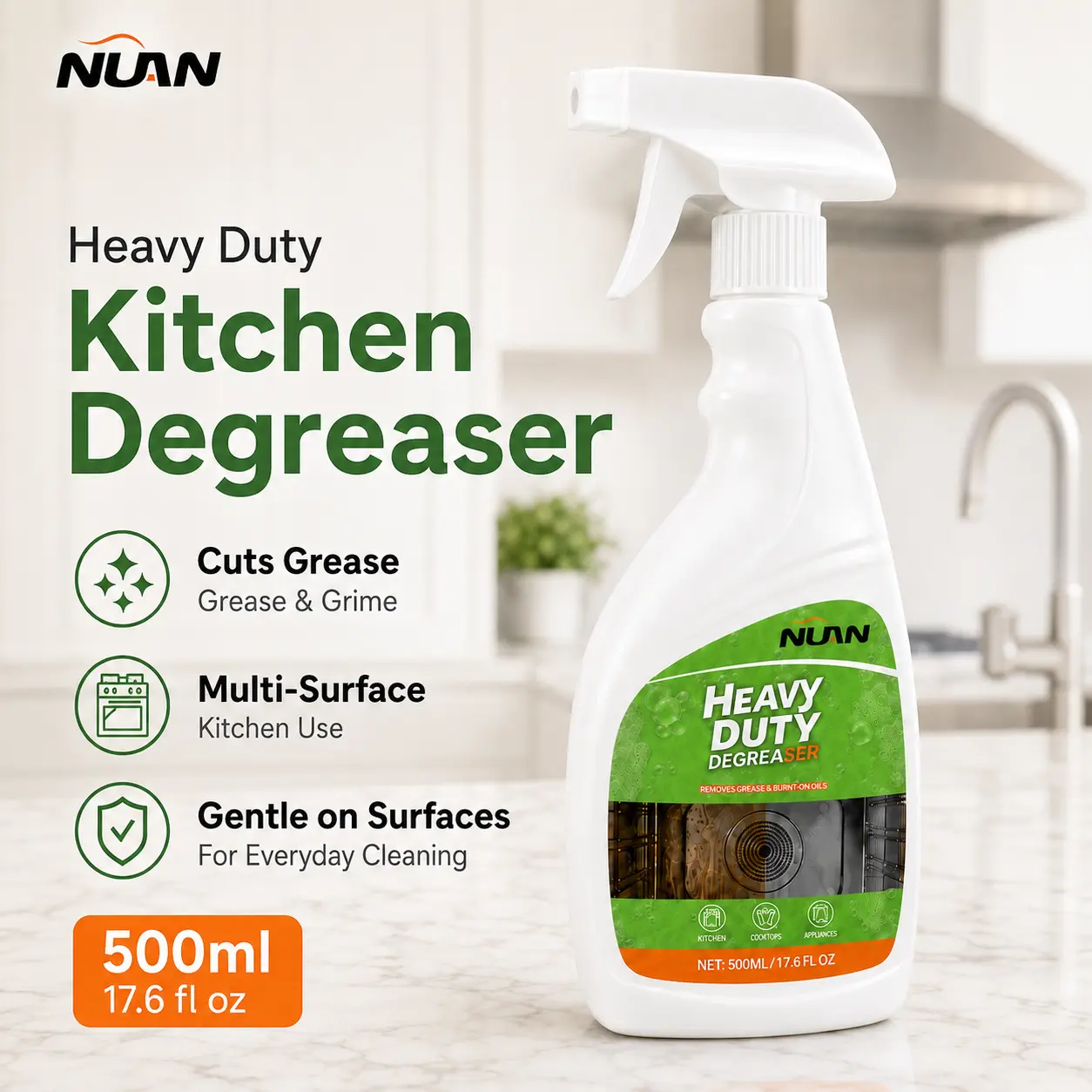 NUAN Heavy Duty Kitchen Degreaser Spray 500ml - Grease Cleaner for Stove, Oven, Stovetop, Range Hood & Multi-Surface Kitchen Cleaning