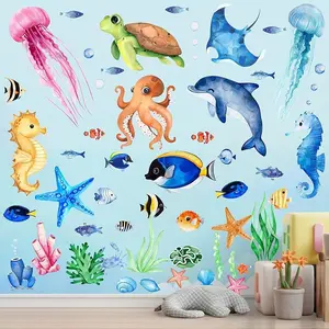 X-WPA16 Ocean Sea Animals Wall Decals Stickers, 4Sheets 52Pcs Under The Sea Wall Stickers Fish Turtle Jellyfish Ocean Creature Decals for Kids Bedroom Bathroom Nursery Decor Colorful Decorative
