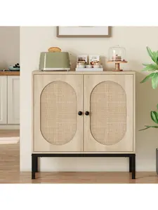 Rattan Buffet Storage Cabinet, Natural Sideboard Cabinet With Adjustable Shelves, Accent Wooden Small Cabinet With 2-Tier Storage For Living Room, Dining Room, Hallway, Entryway