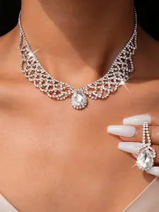 Elegant Rhinestone Grid Water Drop Pendant Earrings Necklace Set, Unique Design Choker Chain, Luxury Fashion Jewelry Gift for Women