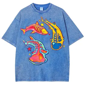 Neon Skeleton Shark Ray Ocean Creature Y2K Retro Art Vintage Washed Heavyweight Stone Wash Oversized T-Shirt