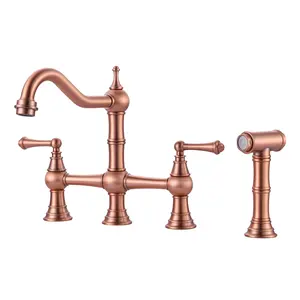 WOWOW Solid Brass Kitchen Faucet for Sink 4 Hole Copper Kitchen Sink Faucet, Two Handle 8 Inch Centerset Bridge Faucet
