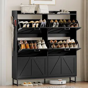 Narrow Slim Shoe Rack Cabinet with 6 Flip Drawers, Freestanding Hidden Shoe Storage Unit, Space-Saving Shoe Organizer with Hooks & Open Shelves for Home Entryway and Apartment