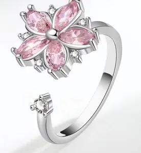 Fashionable Pink Flower Anxiety Ring Fidget Spinner Ring