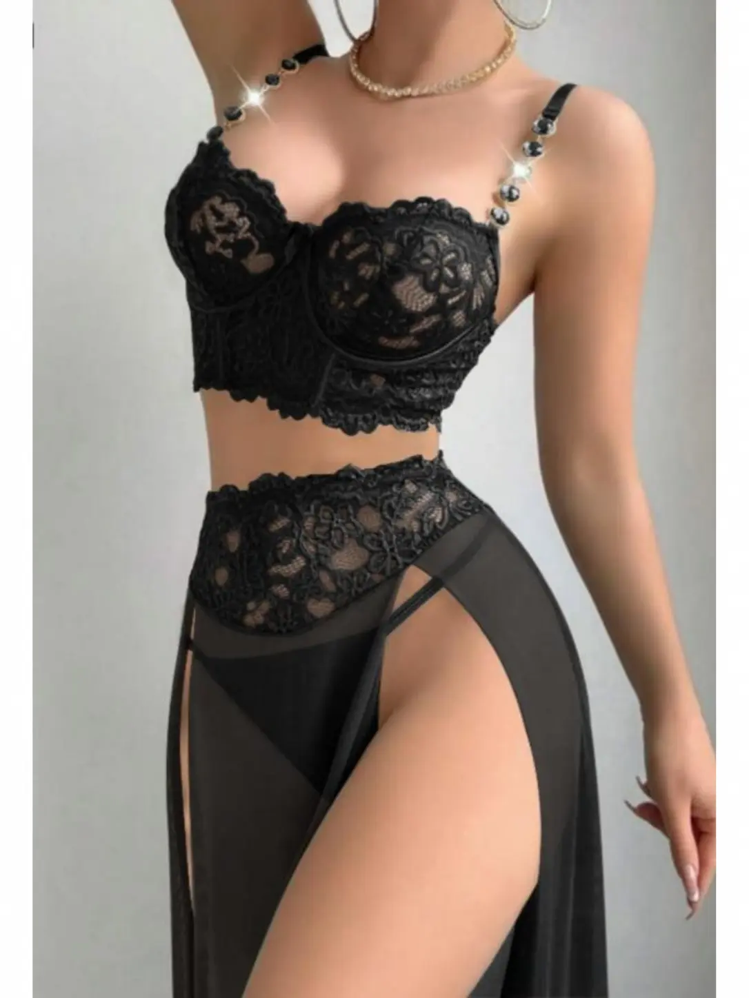 Eden Sexy Lace Lingerie Set for Women, Teddy Bodysuit, Rhinestone Strap Bra & Sheer Mesh Skirt, Bridal Honeymoon Outfit, Date Night Gift, Gift For Her
