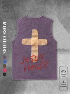 Men's Sleeveless Vest Jesus Heals Cross Print Design, 100% Cotton Washable Fabric, Round Neck Loose Fit Medium Length, Multi-Color Faith Healing Art Style