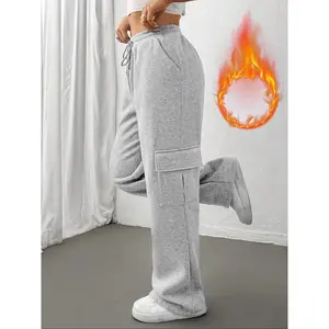 Women’s Autumn/Winter Fleece-Lined Sweatpants with Side Pockets, Loose Straight-Leg Long Pants, Casual Fashion for Everyday Wear