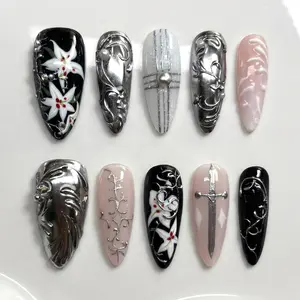 Medieval Floral Press On Nails, Chrome Cross Nails, Dark Gothic Nails, Armor Sculpt Nails, Handmade Gel Nails, Reusable Nail Set