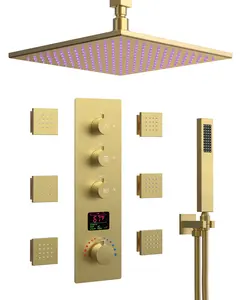 LED Rain Shower Head Digital Shower System With 4 Way Thermostatic Valve, Brushed Gold
