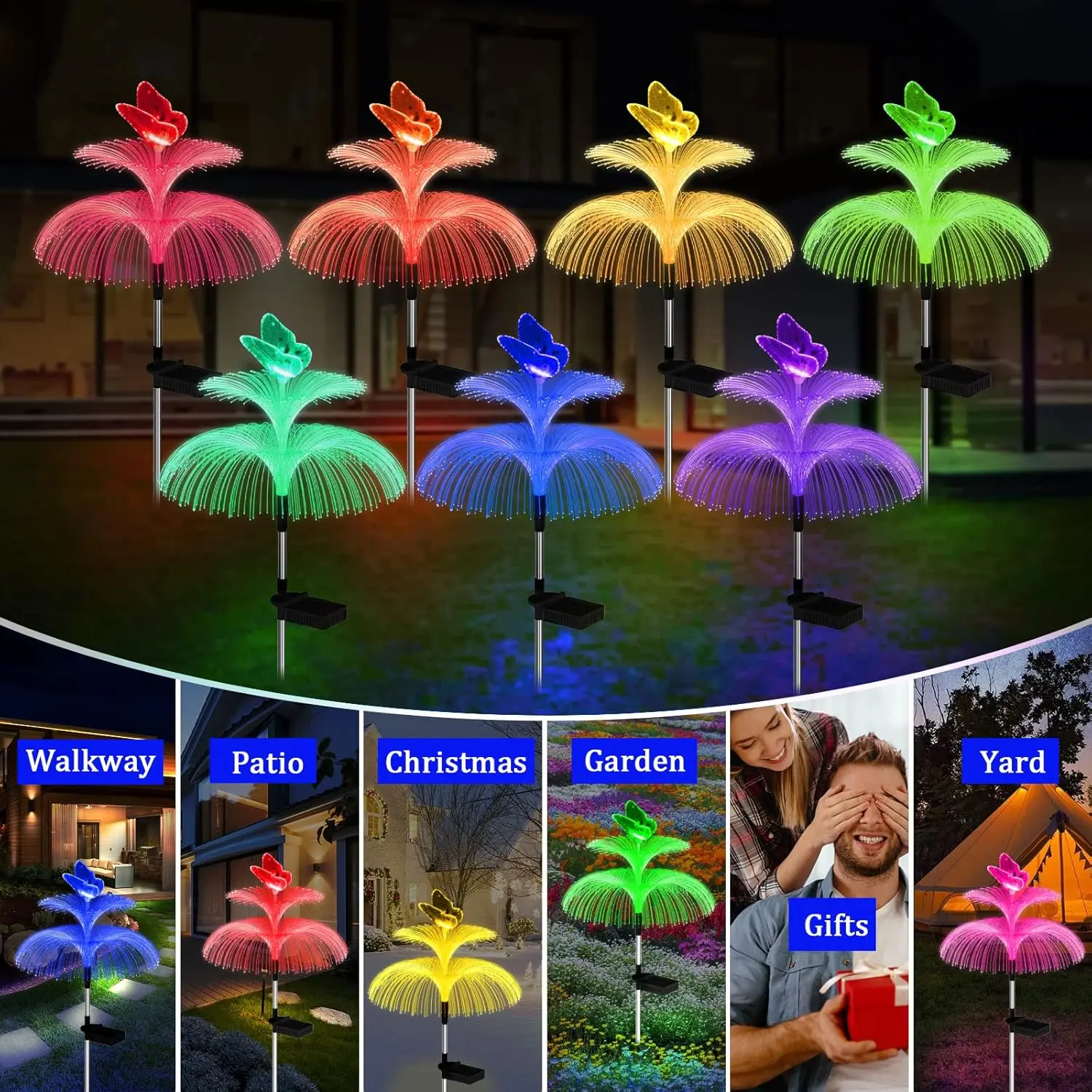 Solar Garden Lights Waterproof Outdoor Lights Decorative 7 Color Changing Double Jellyfish and Butterfly Lights for Christmas Decor,2 Pack