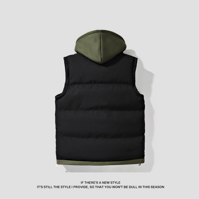 Men's hooded colorblock quilted vest, stylish and warm, the hooded design is casual and versatile, perfect for everyday wear, hanging out with friends, and winter street style.