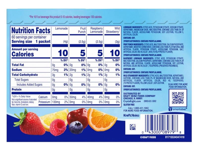 Crystal Light Variety Pack Drink Mix - 60 Packets of Beverage Mixed Powder with Lemonade Fruit Punch Raspberry Lemonade Wild Strawberry Flavor Powdered Orange
