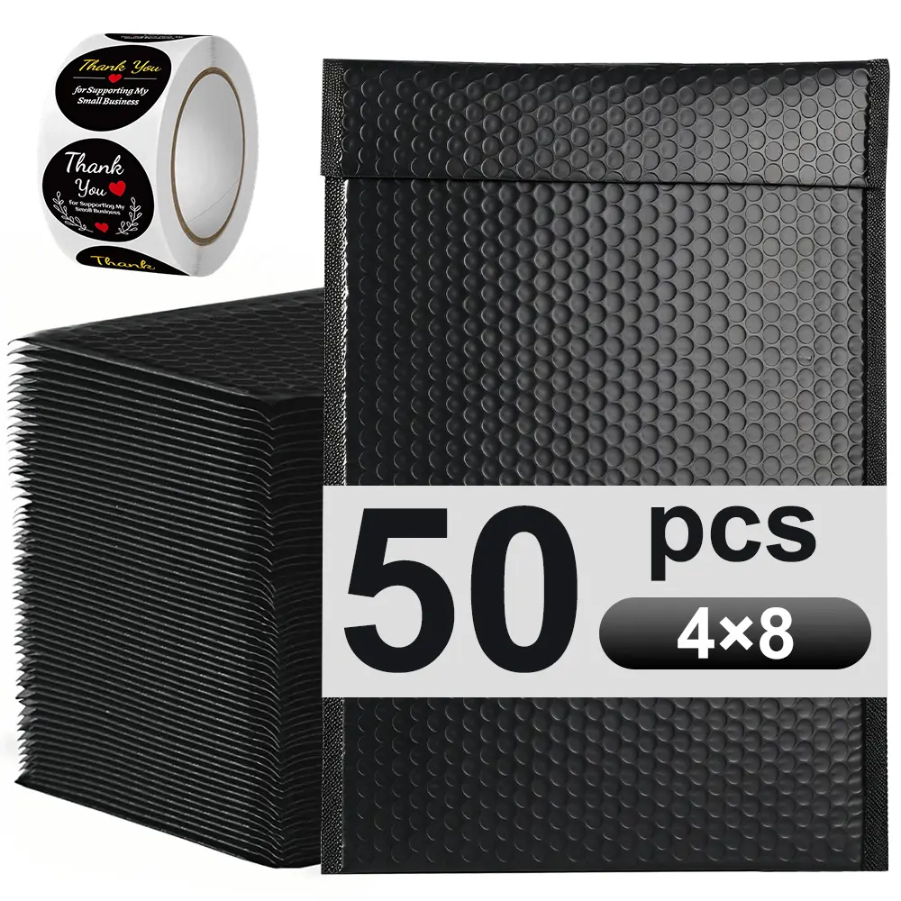 50 Packs 4x8x7 Inches Black Bubble Mailers with 1 Roll Sticker Kit, Padded Envelopes Opaque Self Seal Adhesive Waterproof Boutique Padded Envelopes for Jewelry Makeup Small Bubble Mailers for Trading Cards