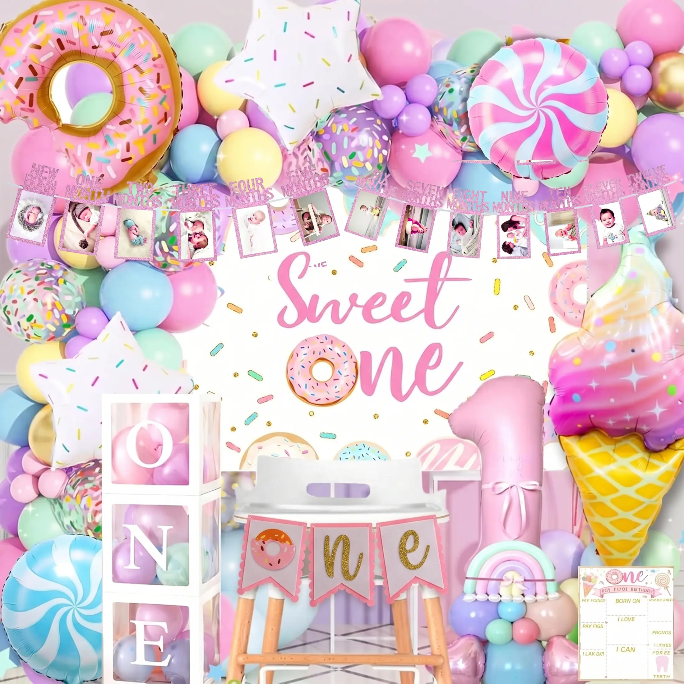 Sweet One Donut Ice Cream Candy Balloons Boxes Garland, 1st Birthday Girl Photo Backdrop, 12 -Milestone Banner Decorations (128 Pcs)