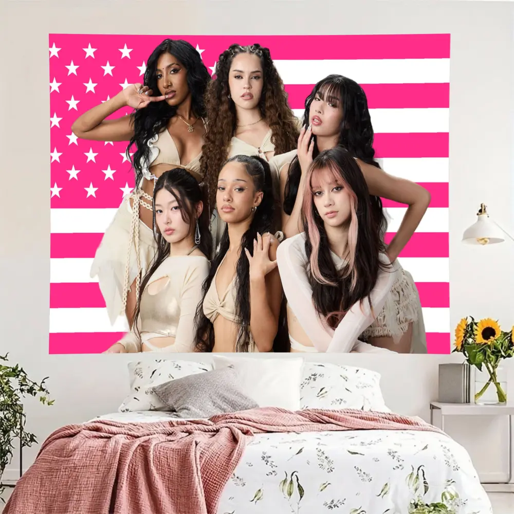 KATSEYE Girl Group Pink American Flag Tapestry, Debut Photo Wall Hanging, Girly Y2K Aesthetic Room Decor for Bedroom, Living Room, College Dorm & K-Pop Room
