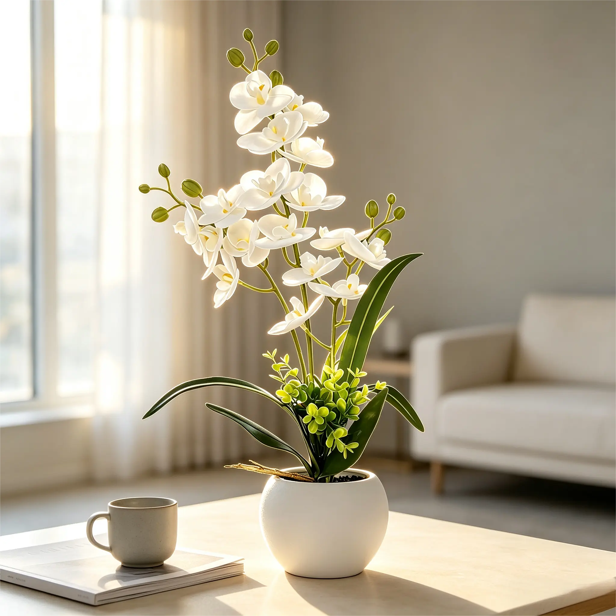 Artificial White Phalaenopsis Orchid Plant in Pot, Realistic Faux Orchid Flower Arrangement, UV Resistant Fake Orchid for Home Decor, Wedding, Christmas, Valentine, Bedroom Office Hotel Table Centerpiece, Ideal Gift for Housewarming