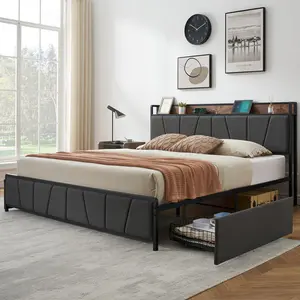 GARVEE King Size Bed Frame with 2 Storage Drawers, Linen Upholstered Platform Bed Frame with Storage Headboard and Charging Station, Heavy Duty, Easy to Assemble, No Box Spring Needed, Gray