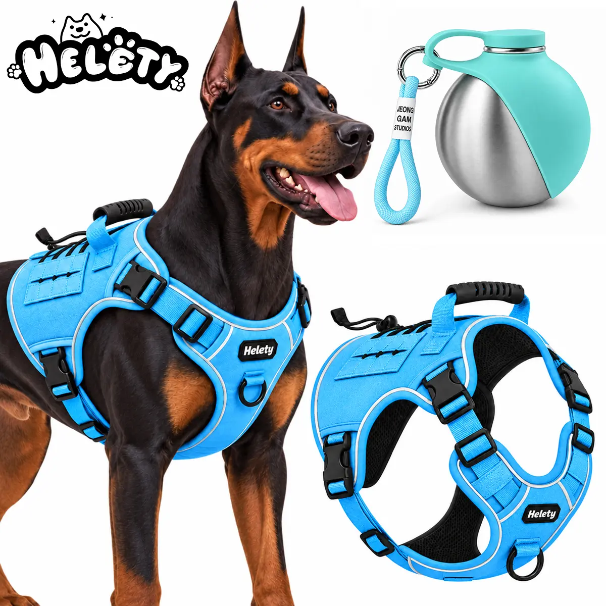 HELETY 2-Piece Tactical Dog Set Pack - No-Pull Reflective Adjustable Vest with Top Handle for Safe Walks, Portable Hydration Water Bottle, Plush Corduroy Safety Collar, Retractable Leash, Christmas Pet Bow Tie for Medium/Large Dogs