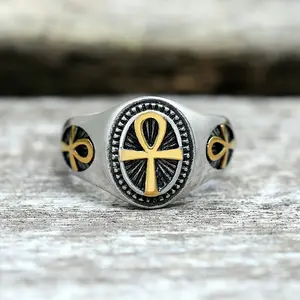 GTHIC Egyptian Ankh Stainless Steel Ring for Men Daily Wear Statement Jewelry