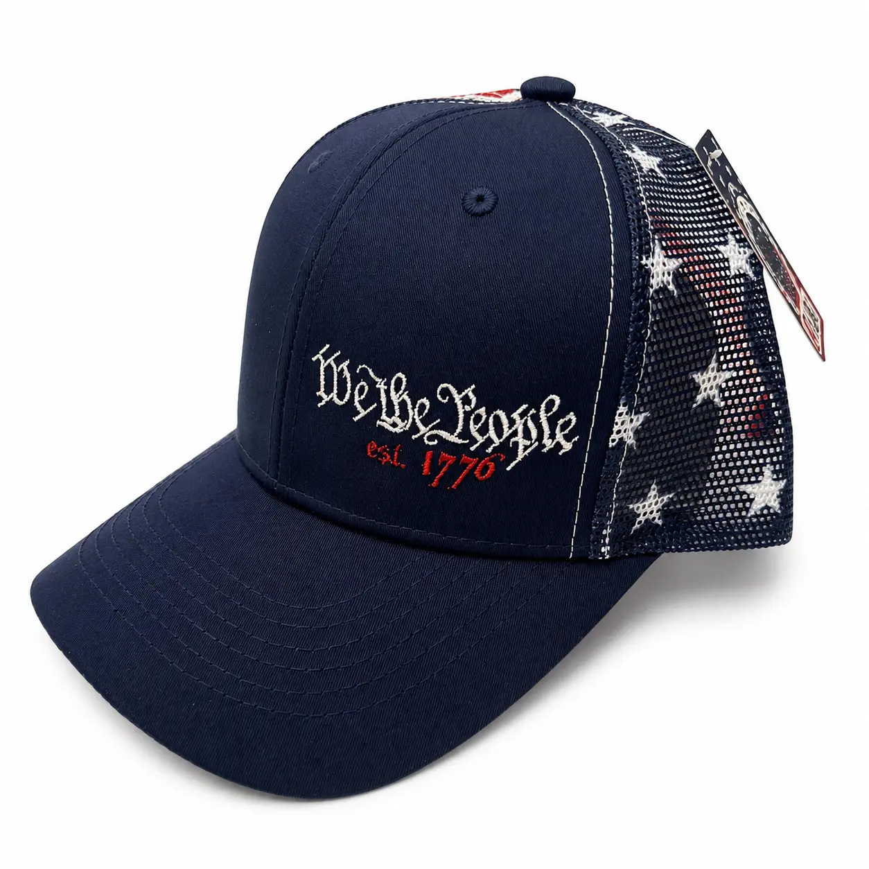 We The People 1776 Embroidered Trucker Hat | Patriotic Mesh Snapback Cap, Casual Wear, Cotton Blend, Men's Accessories, Front Emblem, Mesh Breathable, Unisex Size, Snappy Closure, American Flag, Mens Hats