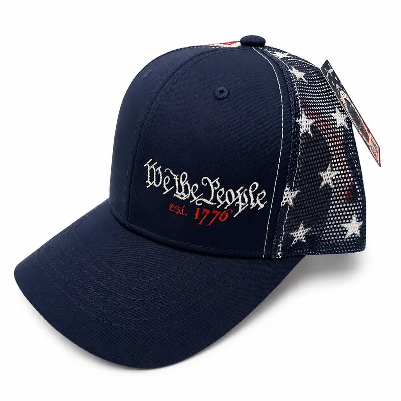We The People 1776 America-Themed Embroidered Trucker Hat - 3.2oz Patriotic Cotton/Polyester Twill Brimmed Cap, Unisex Adjustable Snapback, One Size Easy Everyday Fit, Cool Mesh Back, Bold Front Emblem, Hats for Women, Hand Wash Only