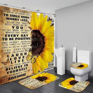 4pcs Shower Curtain Sets with Rugs Sunflower Bathroom Set Decor Inspirational Quotes Bathroom Curtains Shower Set with Rugs and Accessories