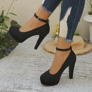 Black Velvet High Heel Pumps with Ankle Strap - Professional Women's Dress Shoes, Round Toe Platform Heels for Work & Events, Comfortable Faux Cover Lining, Rubber Sole, Hand Wash or Dry Clean, Stiletto Heels