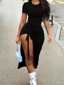 Women's Plain Ruched Drawstring Split Thigh Bodycon Dress, Lady Casual Asymmetrical Round Neck Shortsleeve Dress for Party Club Dating Wear, Women's Dress for Summer, Womenswear, Minimalist Date Night Dresses, Bodycon Side Slit, Formal Bodycon Dress