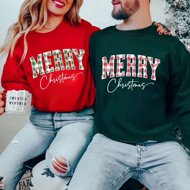 Merry Christmas Sweatshirt, Buffalo Plaid Holiday Crewneck, Cute Christmas Family Shirt, Cozy Winter Pullover, Xmas Gift for Women