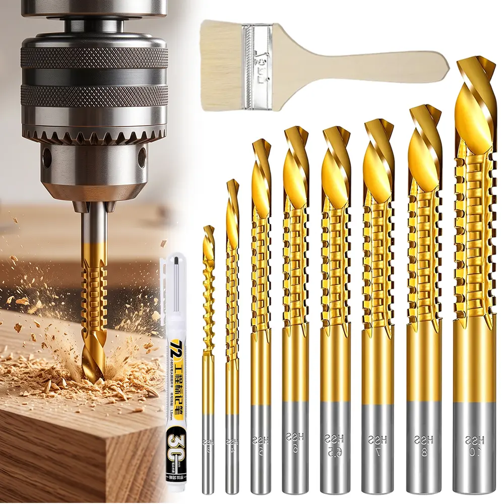 10 Pcs Titanium HSS Saw Drill Bit Set with Marker & Brush,135° Split Point Serrated Side-Cutting Bits (3-10mm) for Wood,Plastic & Metal,Halloween Christmas Party Gifts,Tools & Hardware