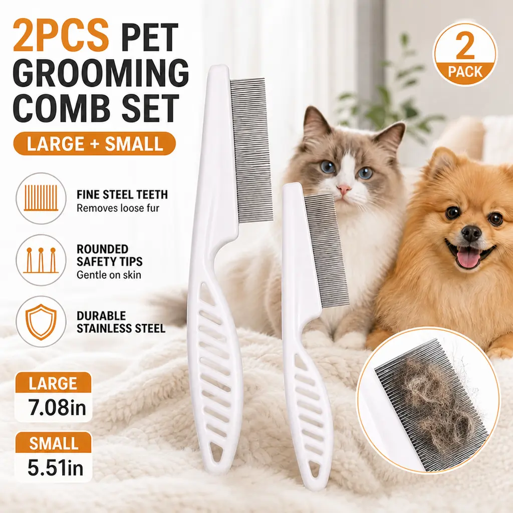 Pet Grooming Flea Comb 2 Pack, Large & Small Stainless Steel Teeth Comb for Dogs Cats, Effectively Removes Fleas Lice Dander Loose Hair Tangles, Wet Dry Dual Use Skin-Safe for All Breeds