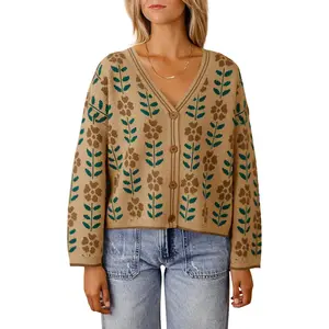 Saodimallsu Womens Floral Print V Neck Cardigan Open Front Button Down Knit Sweater Long Sleeve Loose Fashion Tops