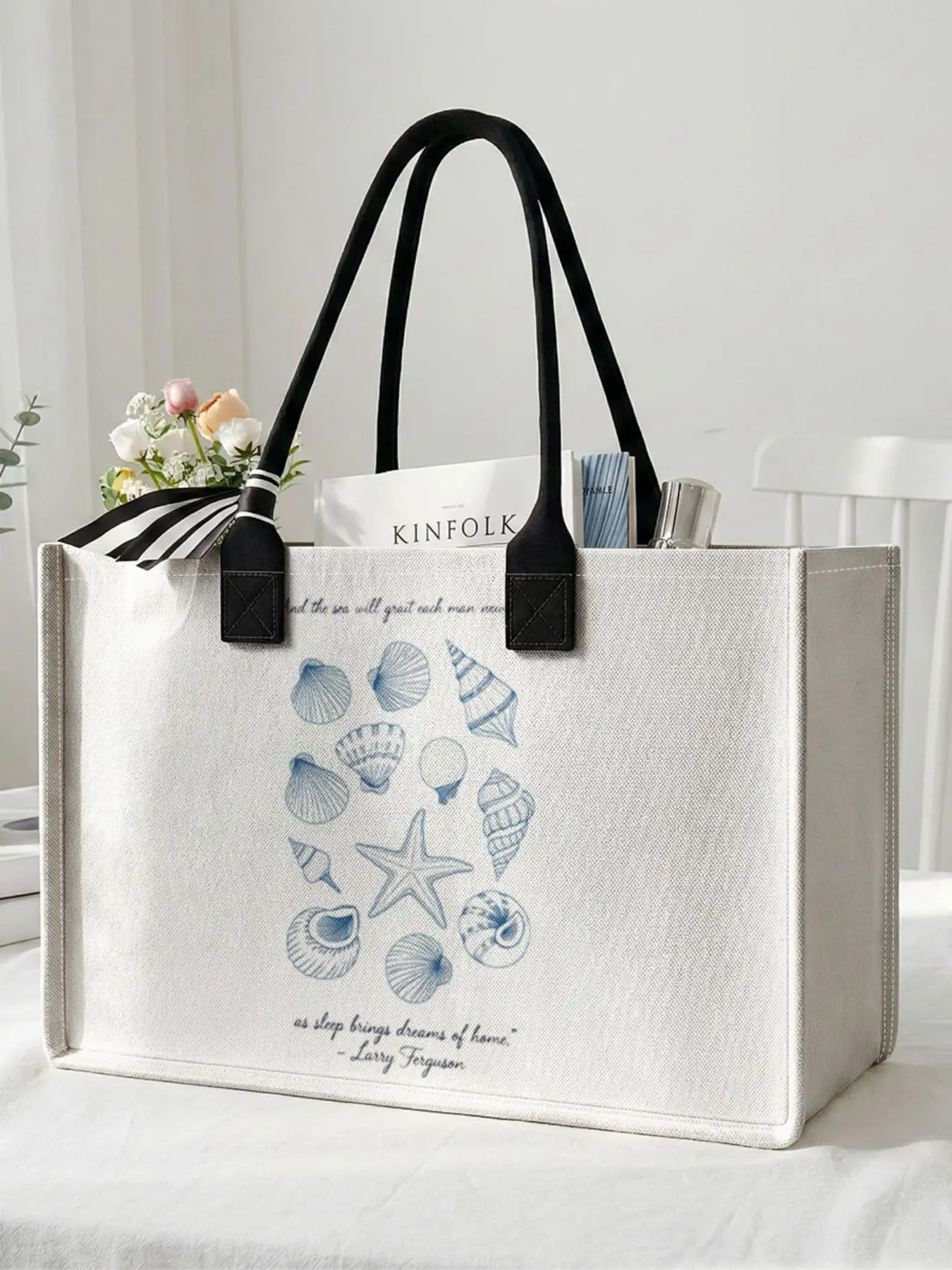 1 piece of seashell starfish pattern + 'Poetic Mark of the Sea' 2D printed large capacity storage bag, Stylish Tote Bag, extra large storage bag, sturdy handle, space-saving multi-purpose, suitable for use at school, on business trips, and shopping