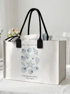1 piece of seashell starfish pattern + 'Poetic Mark of the Sea' 2D printed large capacity storage bag, Stylish Tote Bag, extra large storage bag, sturdy handle, space-saving multi-purpose, suitable for use at school, on business trips, and shopping