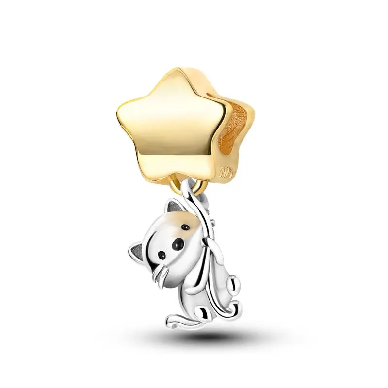 MULA 925 Silver Plated Cat Scratching Star Charm, 18K Gold Plated, Cute Pet Jewelry, Best Gift for Girls and Women