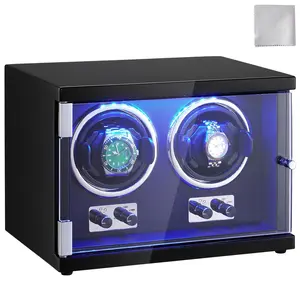 VEVOR Watch Winder, TikTokShopBlackFriday, Dual Watch Winder for Men's and Women's Automatic Watch, with 2 Super Quiet Japanese Mabuchi Motors, Blue LED Light and Adapter, High-Density Board Shell and Black PU