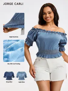 JORGE CARLI  Women's Thin French Denim One-Shoulder Boho Top, Fashionable and Versatile, Perfect for Casual Wear, Stylish and Comfortable