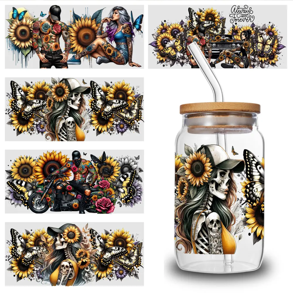 5 Sheets Sunflower Skull UV DTF Stickers DIY Water Bottle Glass Cups Decoration Mug Decoration Gift for 16 oz Tumbler UV DTF Stickers side  eyes  sticker