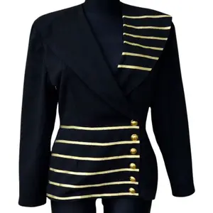 Women's Military Steampunk Blazer Jacket with Gold Trim - Asymmetric Front, Full-Length Sleeves, Premium Wool Fabric, Ideal for Cosplay & Parties