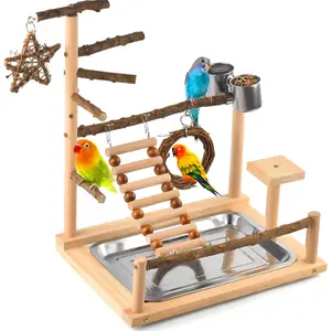 Bird Playground - Natural Wooden Perch, Parrot Ladder, Budgie Swing, Bird Cage Accessories, Comes with Removable Tray and 2 Stainless Steel Cups