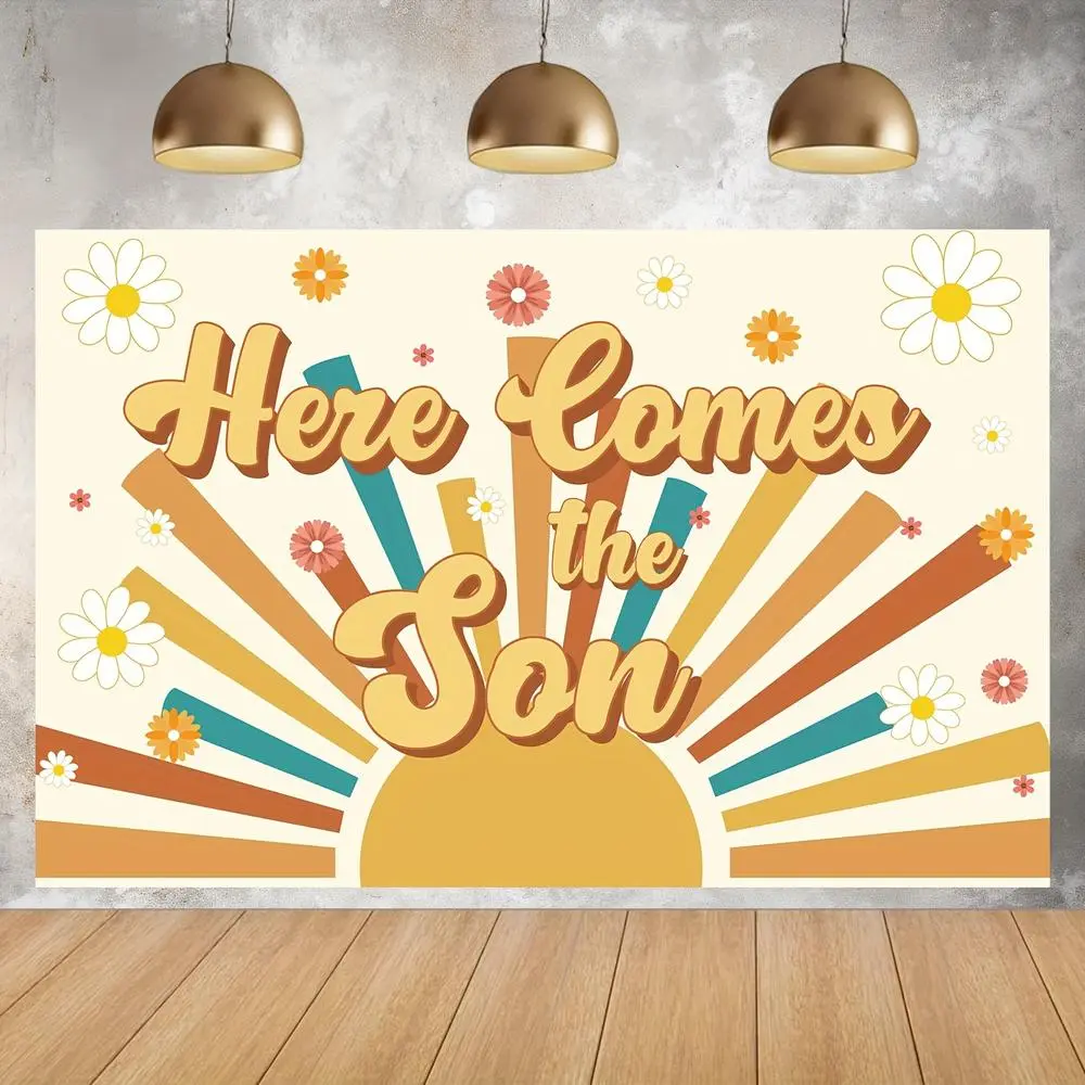 Soft 1pc 2D Flat Baby Shower Backdrop Banner - Retro Sunrise Design, Colorful Floral Elements, 70.8x43.3in, First Trip Around The Sun Decoration for Baby Shower, Birthday