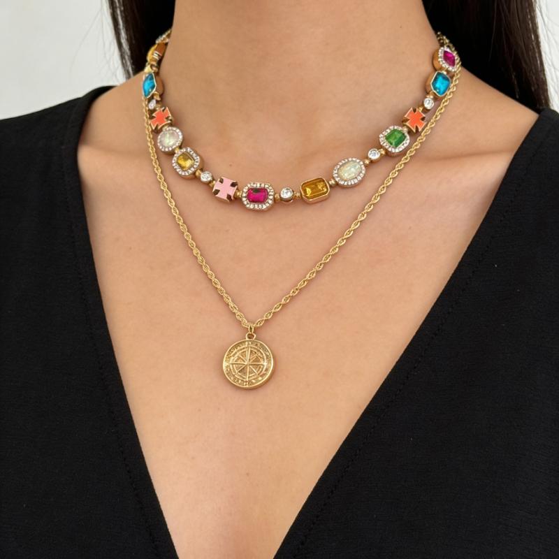 European and American cross-border colorful gemstone gold jewelry chain, fashionable and dazzling, high-end, light luxury, versatile necklace set