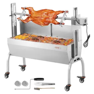VEVOR Rotisserie Grill with Windscreen, BBQ Whole Pig Lamb Goat Charcoal Spit Grill, 46 Inch 132 Lbs Capacity, Electric 52W Motor Stainless Steel Roaster with Lockable Wheels, for Camping Outdoor
