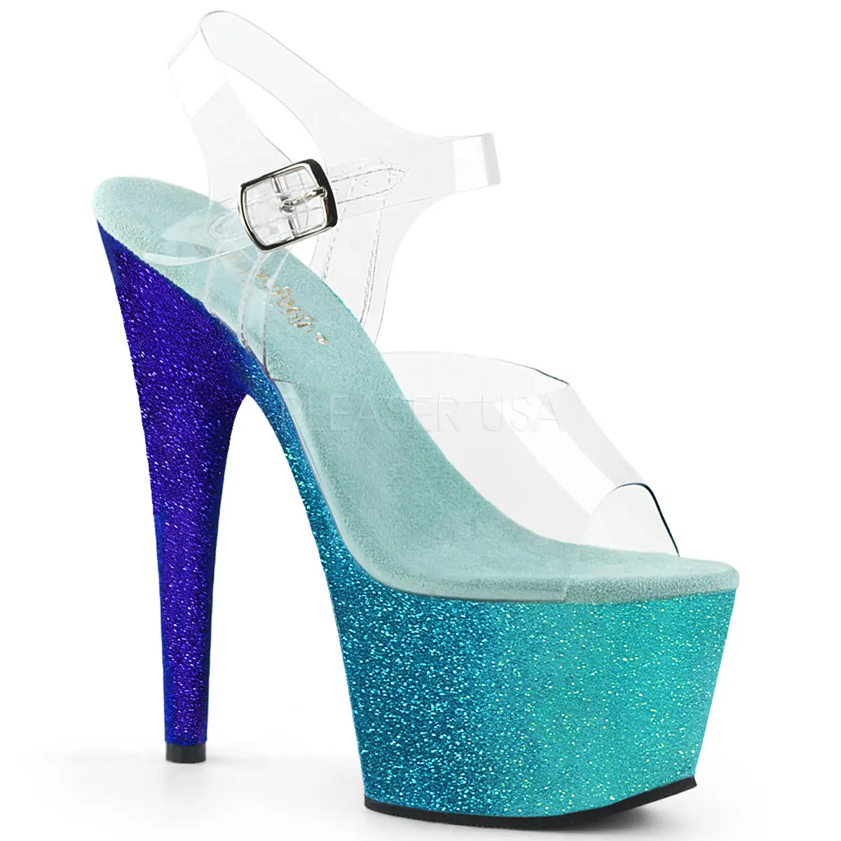 Women's Aqua Blue Sandals with an Ombre Effect, Glitter Ankle Strap High Heels with a 7-Inch Stiletto for a Night Out, Heeled Sandals, Footwear, Platform, Stylish, Elegant, Classy, Fashion, Shoe, 7-Inch Heel, 7 In