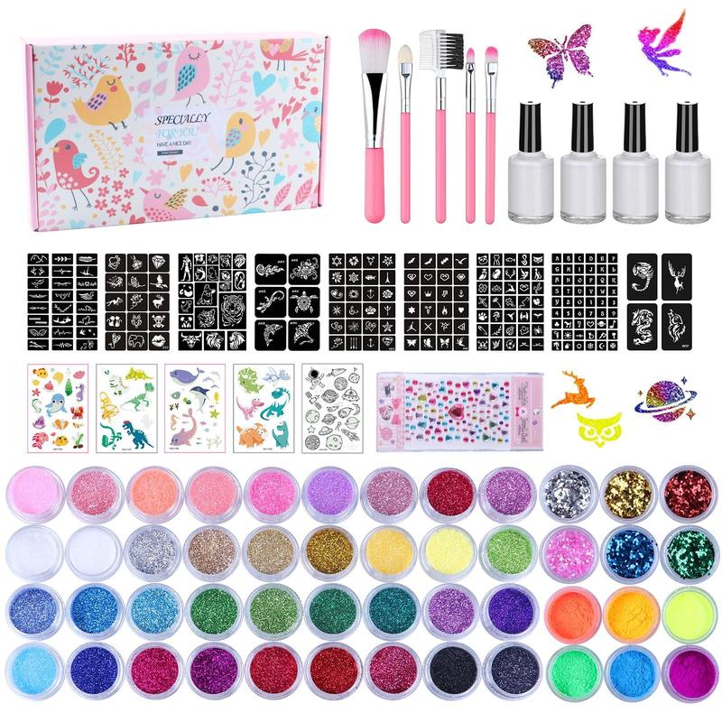 Temporary Glitter Tattoo Kit for Kids & Adults, 42 Glitter & 6 Fluorescent Color, 209 Stencils, 4 Glue, 5 Brushes, 1 Diamond Sticker, Safe & Easy Removal Face Body Art Birthday Party Supplies